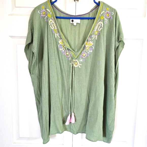 Anthropologir Floreat Green Embellished Vneck Top L Floral Embroidered Sequins - Picture 1 of 8